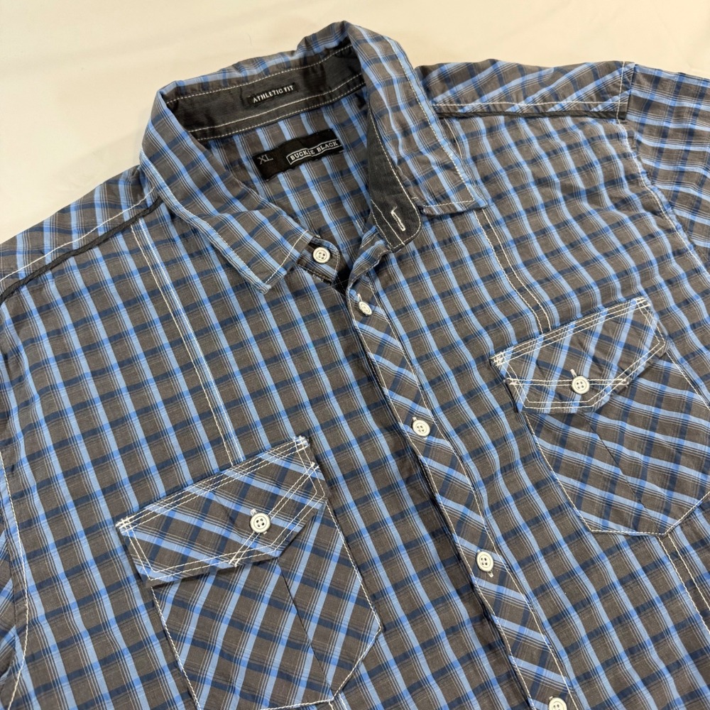 Buckle Black Mens XL Athletic Fit Plaid Button Down Shirt Blue Grey Long Sleeve - Picture 1 of 8